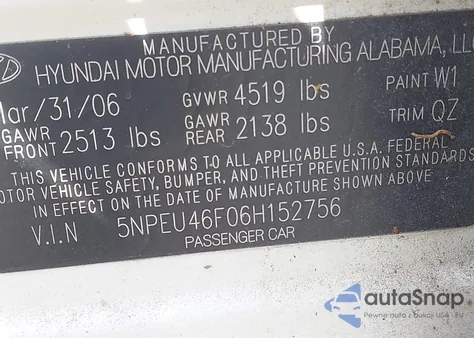 2006 Hyundai Sonata Gls V6/Lx V6 from USA, damaged, VIN 5NPEU46F06H152756